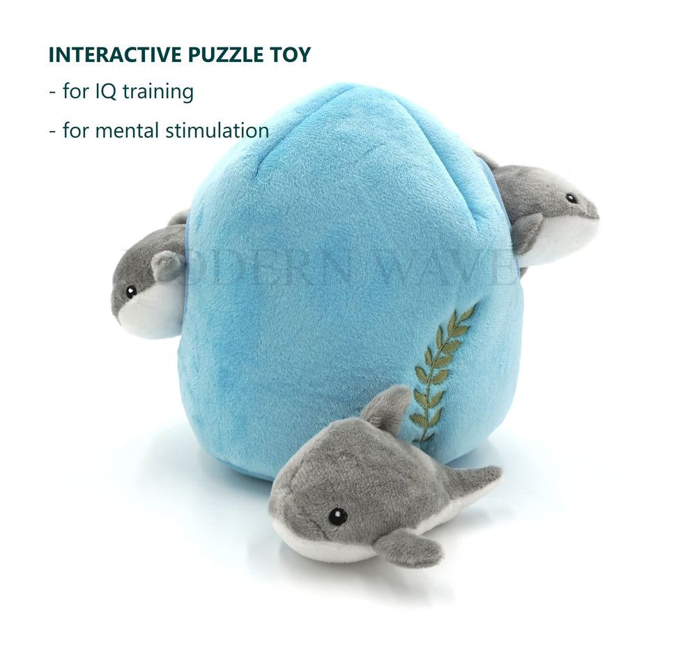 MODERN WAVE Dolphin squeaker inside enhances puzzle-solving fun.