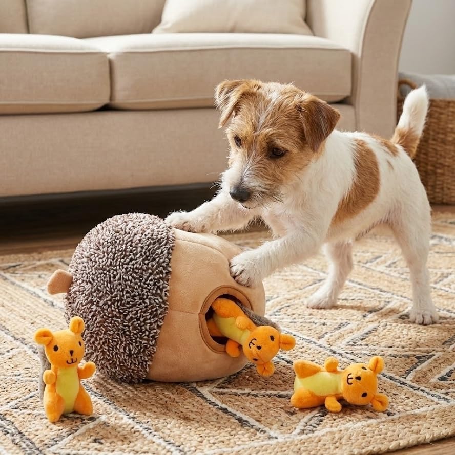 MODERN WAVE white plush dog toy stands out for easy spotting indoors