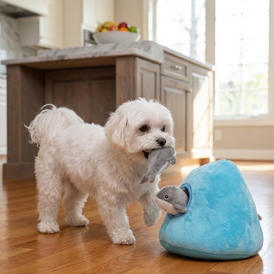 MODERN WAVE White plush dog toy for visibility during play.