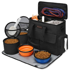 Modoker dog travel bag included items show tote, two bowls, food carriers, and placemat.