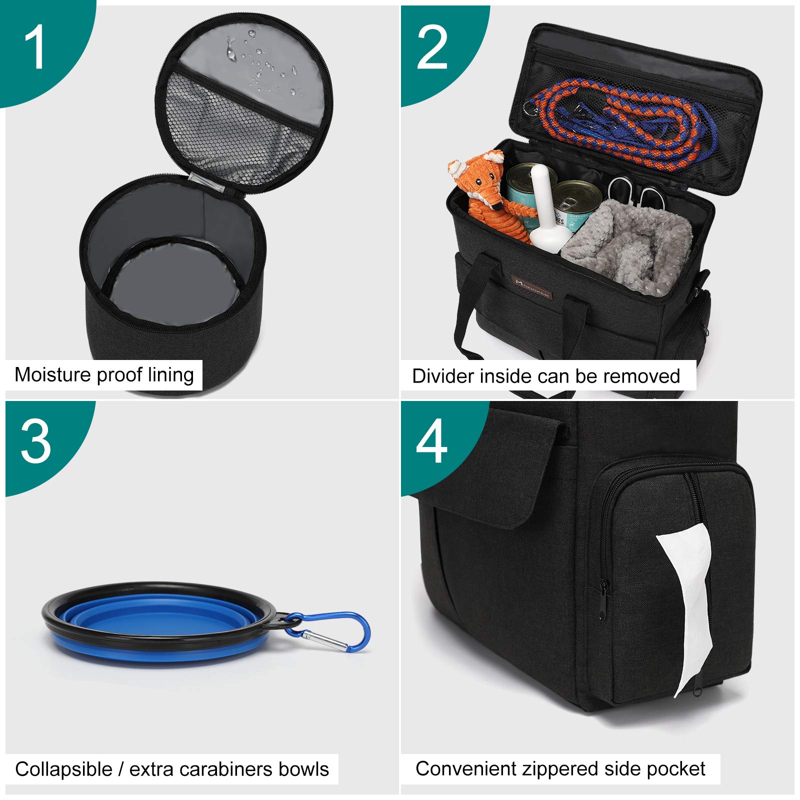 Modoker dog travel bag interior pockets keep treats and toys neatly within reach.