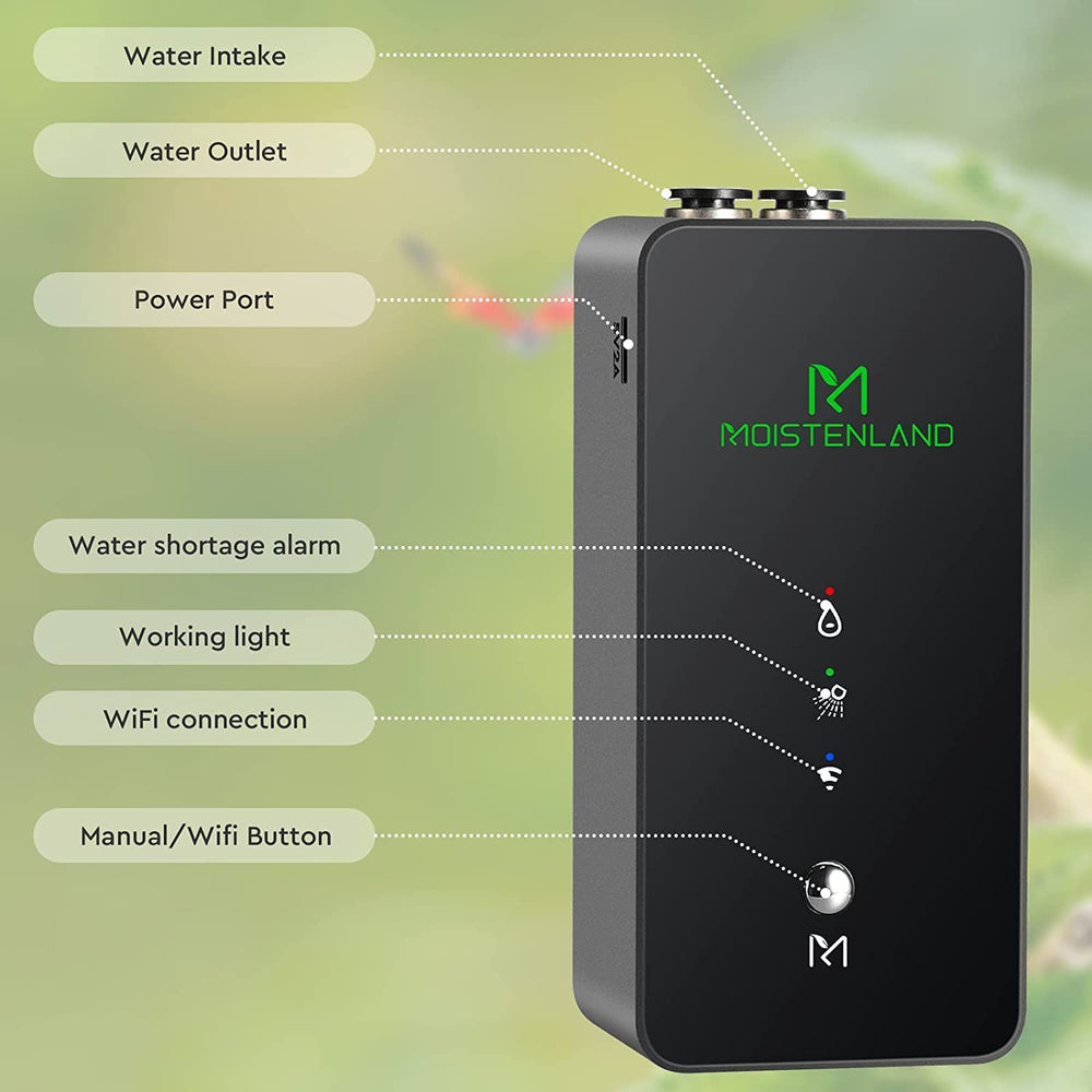 Moistenland Mister dual misting nozzles provide even coverage across habitats.