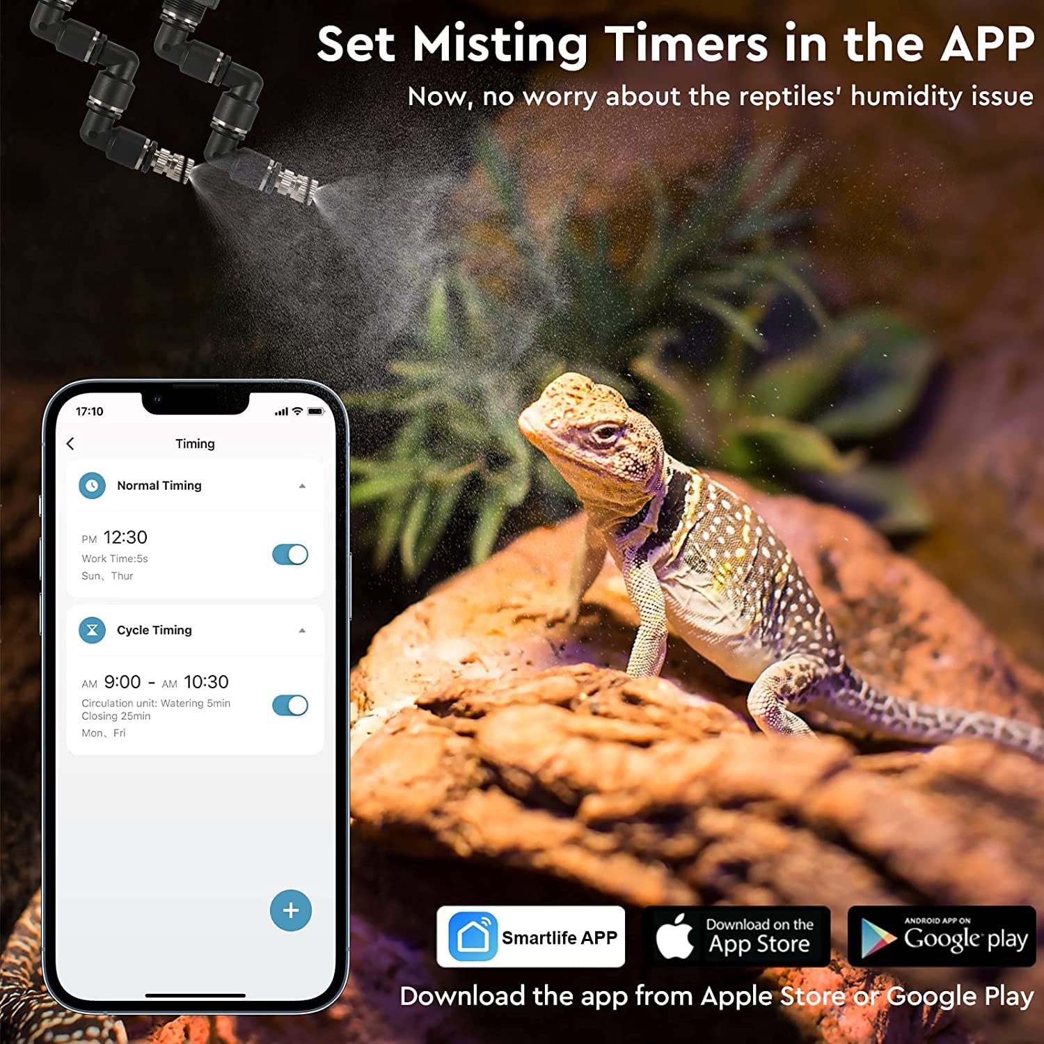 Moistenland Mister lizards in terrarium scene emphasizes adjustable misting schedules.