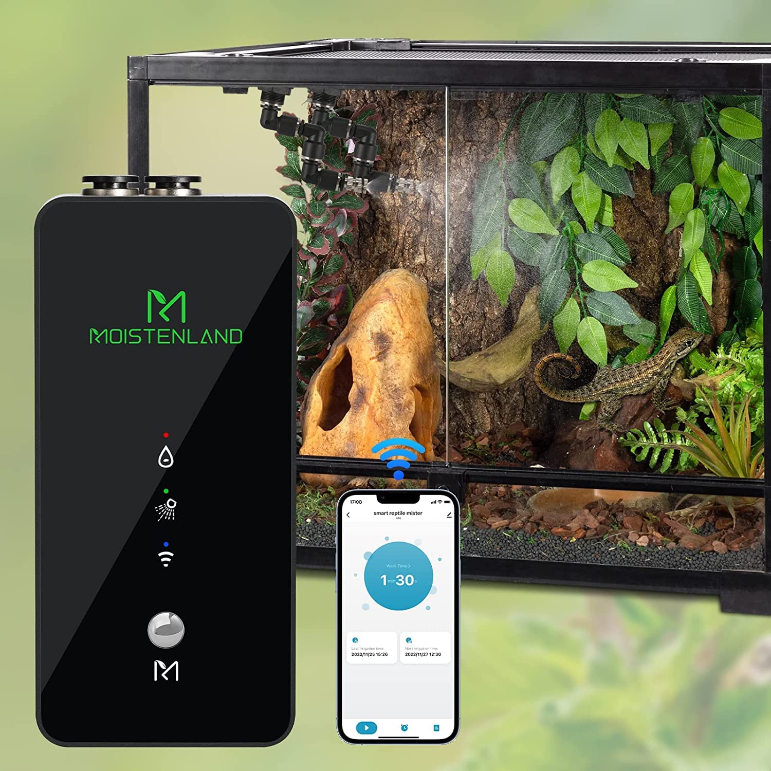 Moistenland Mister terrarium setup demonstrates easy mounting for consistent humidity.