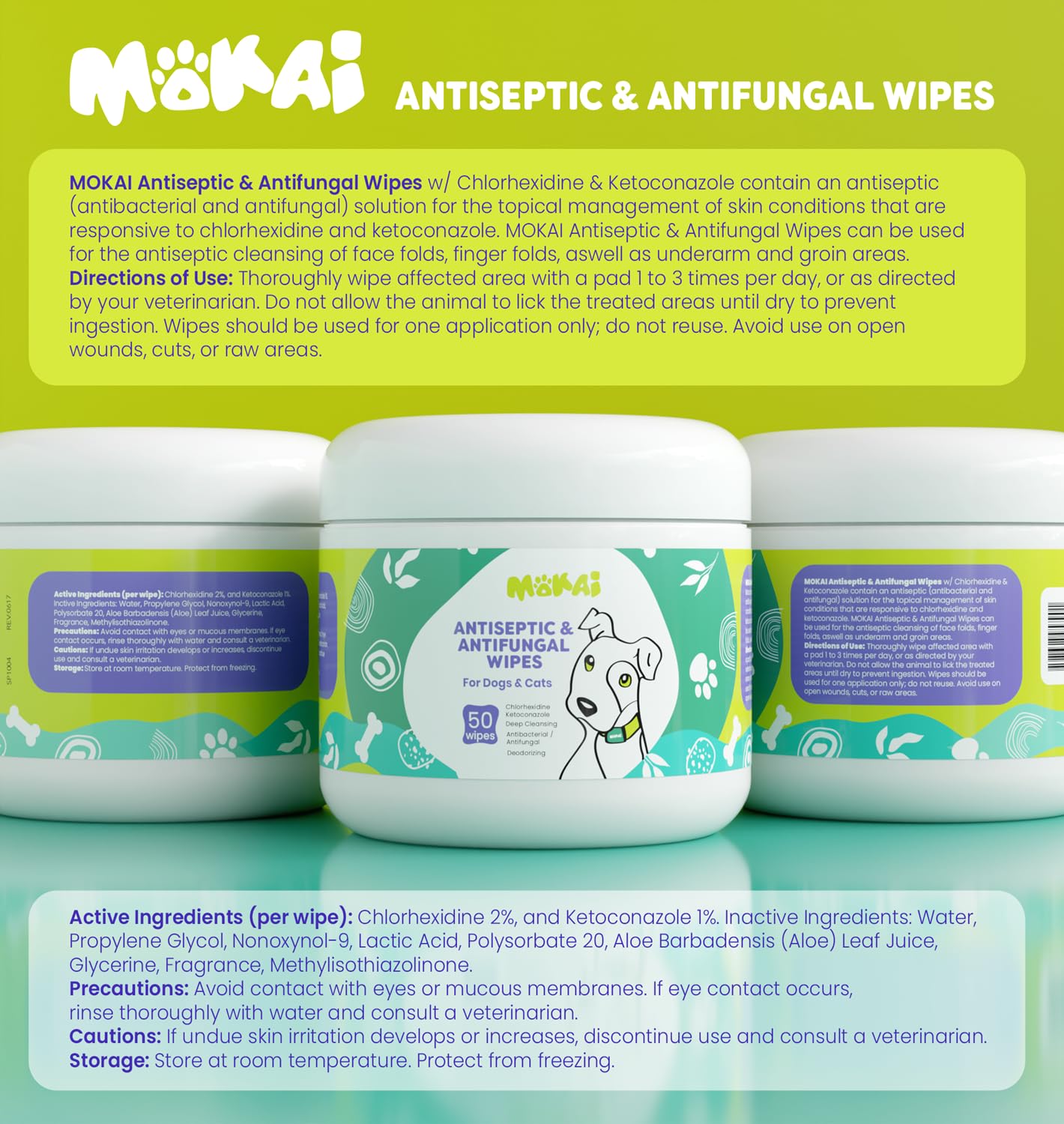 MOKAI antiseptic wipes for cat application calm irritated paws and skin.
