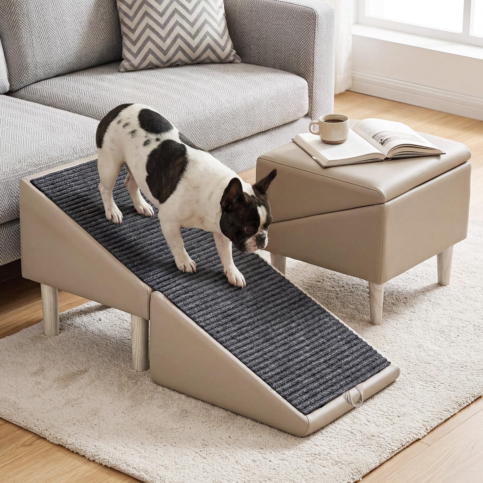 MOLIBYME dog safety ramp folded compact for storage and ottoman use.