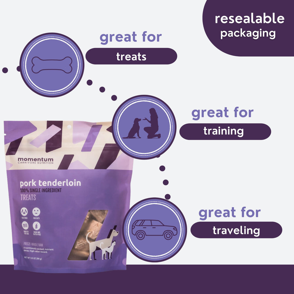 Momentum Carnivore 3.5 oz bag ready for on-the-go treats.
