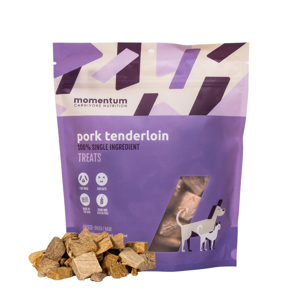 Momentum Carnivore freeze-dried pork treats in a bag, pure protein for dogs and cats.