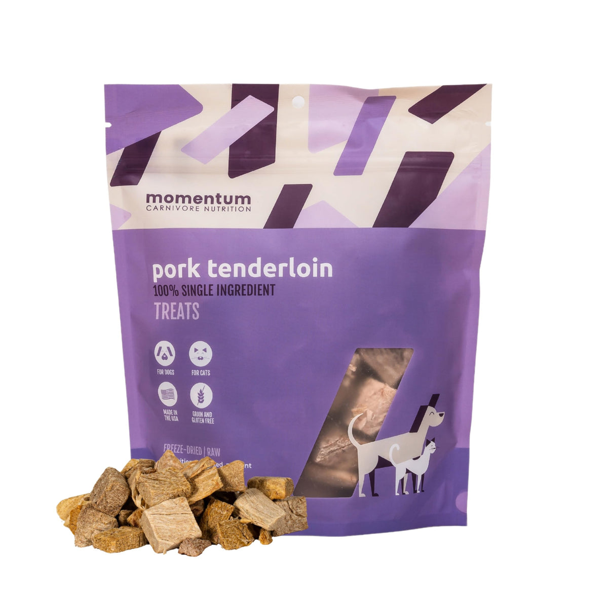 Momentum Carnivore freeze-dried pork treats in a bag, pure protein for dogs and cats.