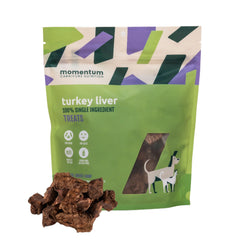 Momentum Carnivore Turkey Liver dog treats in a front pouch, ideal for convenient rewards.