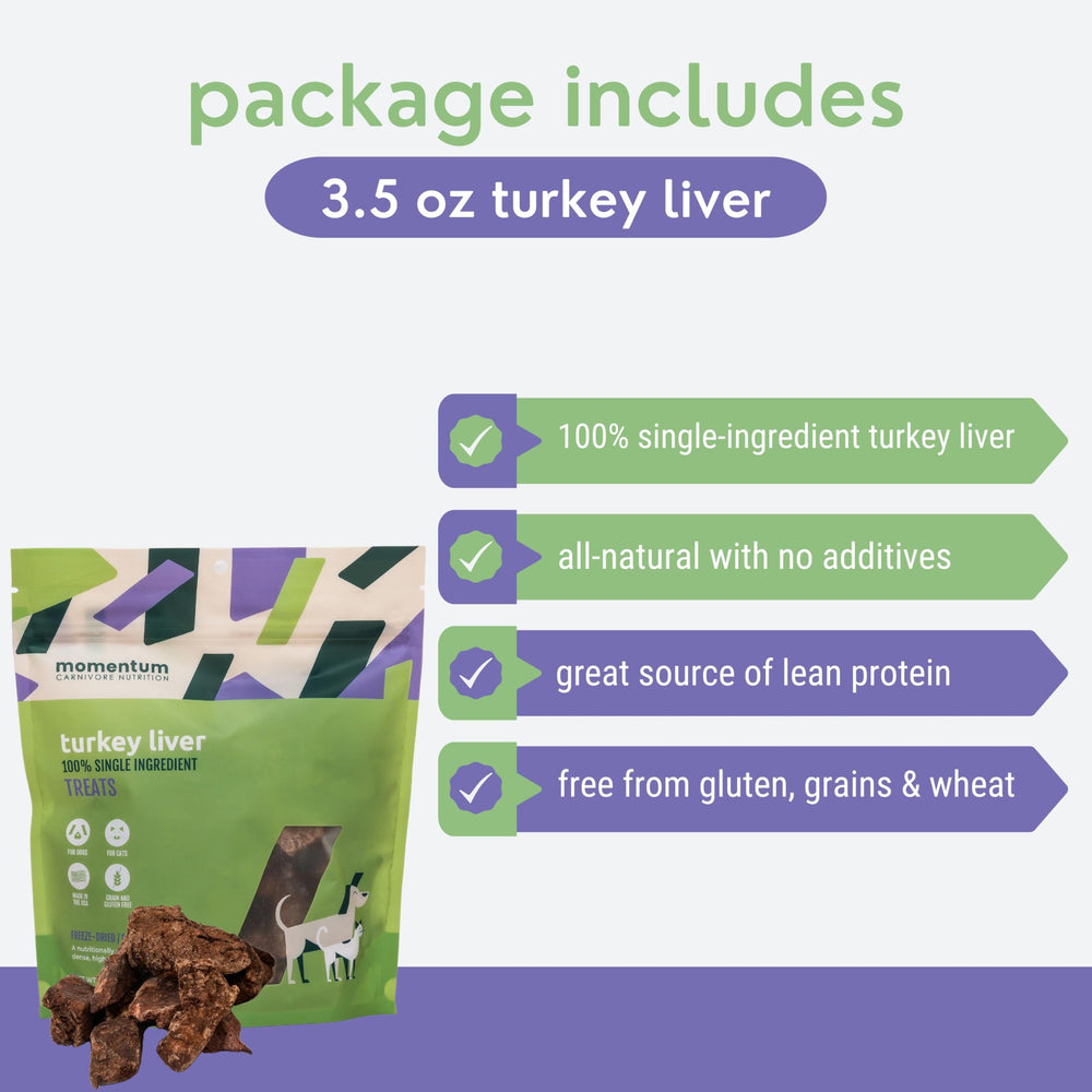 Momentum Carnivore Turkey Liver grain-free claim supports sensitive stomach.