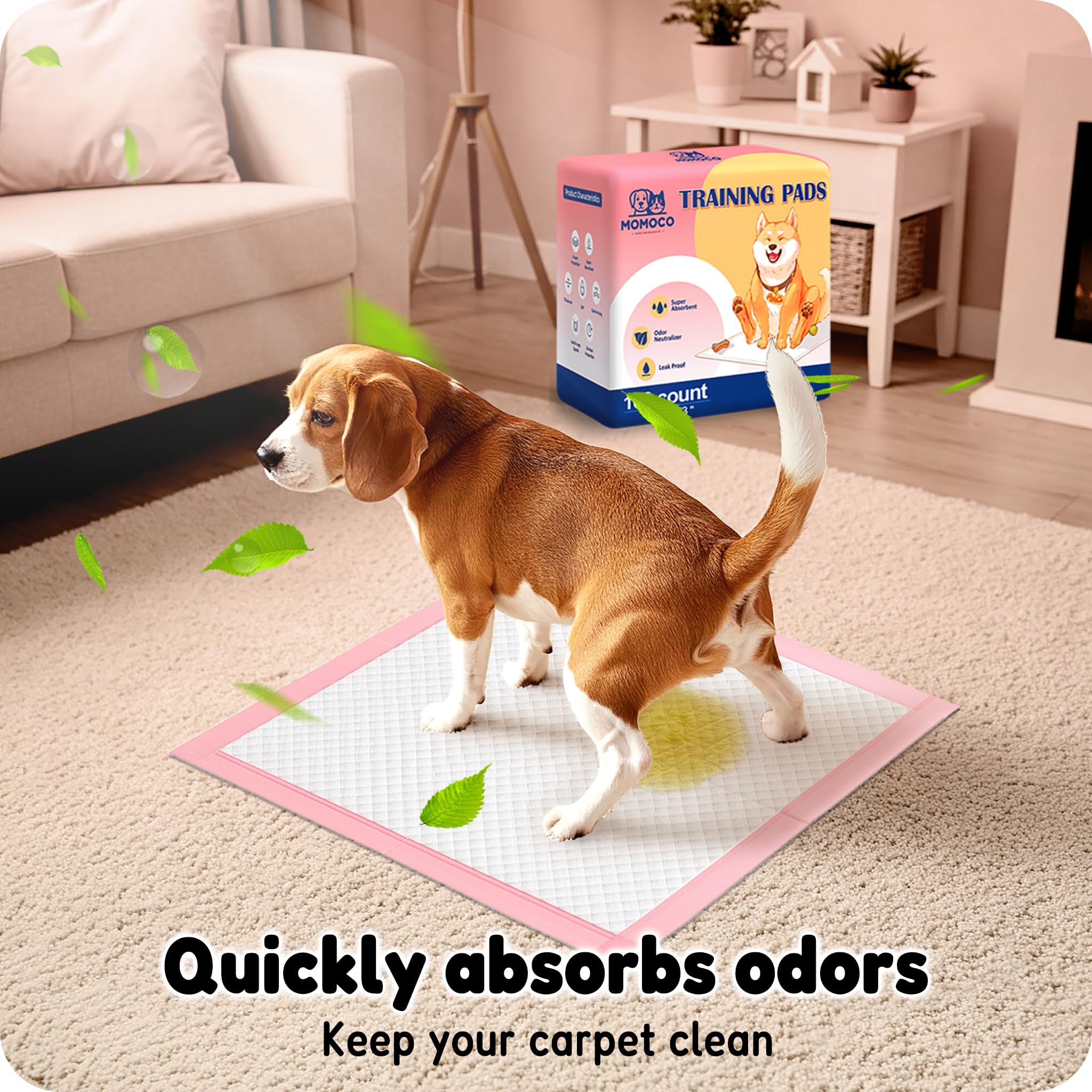 MoMoCo Pink Puppy Pads 23x23 waterproof backing protects floors from leaks.