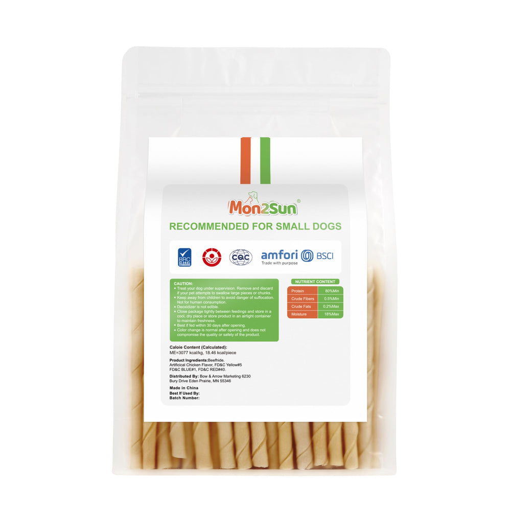 MON2SUN chicken flavor rawhide sticks ideal for small dogs and puppies.