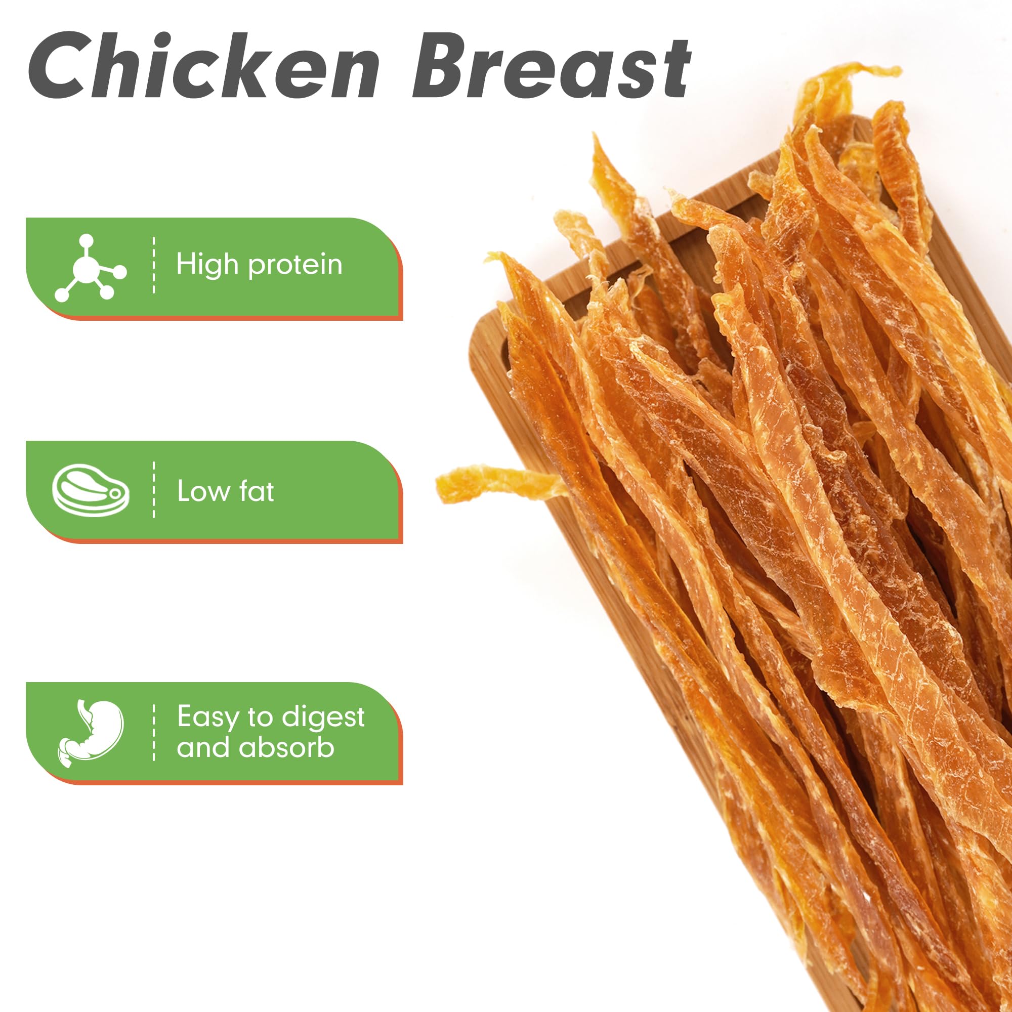Closeup of MON2SUN chicken jerky treats highlighting chewy texture.