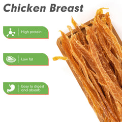 Closeup of MON2SUN chicken jerky treats highlighting chewy texture.