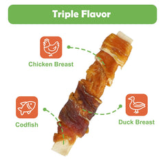 MON2SUN dog treats feature chicken and duck wrapped cod center for flavorful bites.