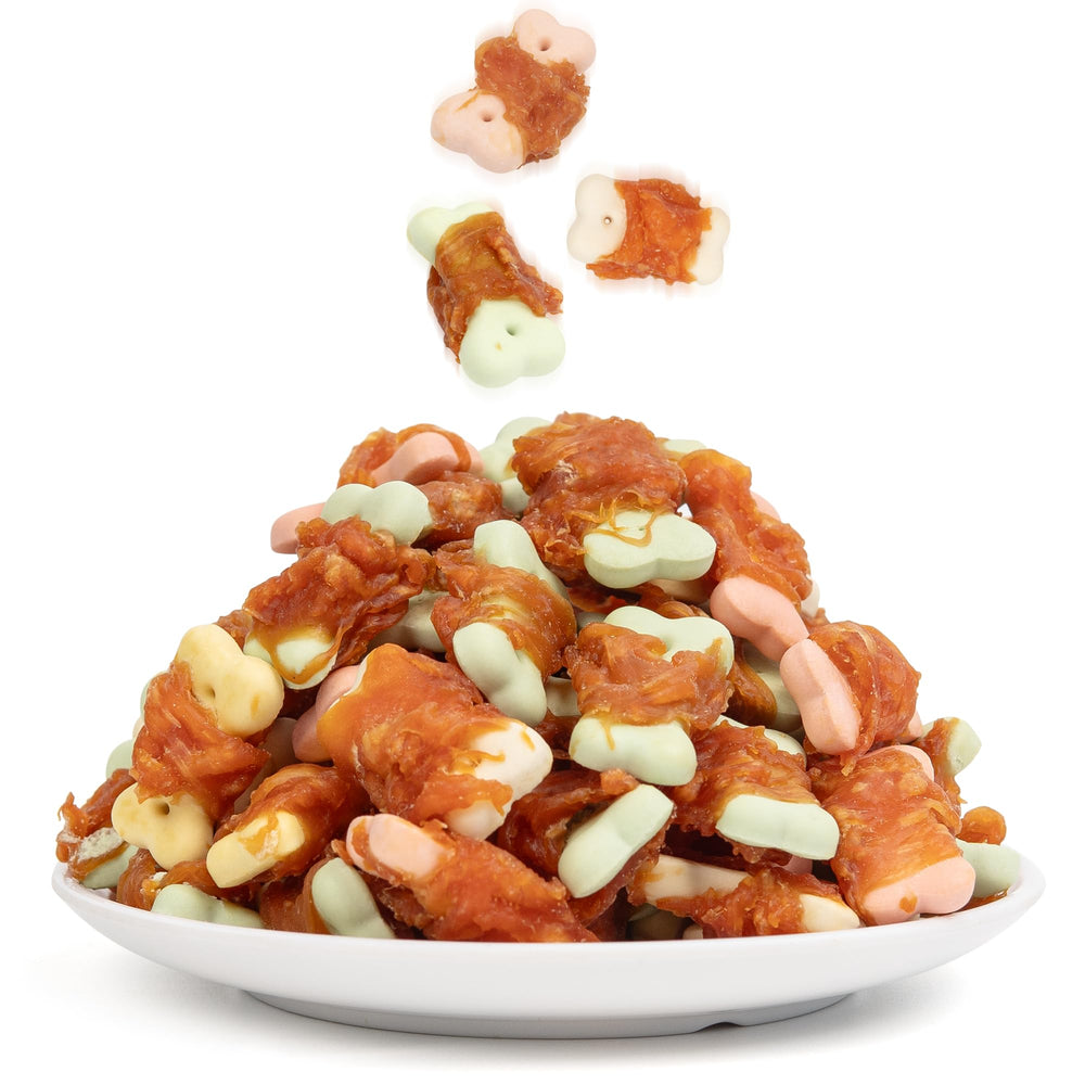 MON2SUN dog treats package front with real chicken wrapped biscuits for training rewards.