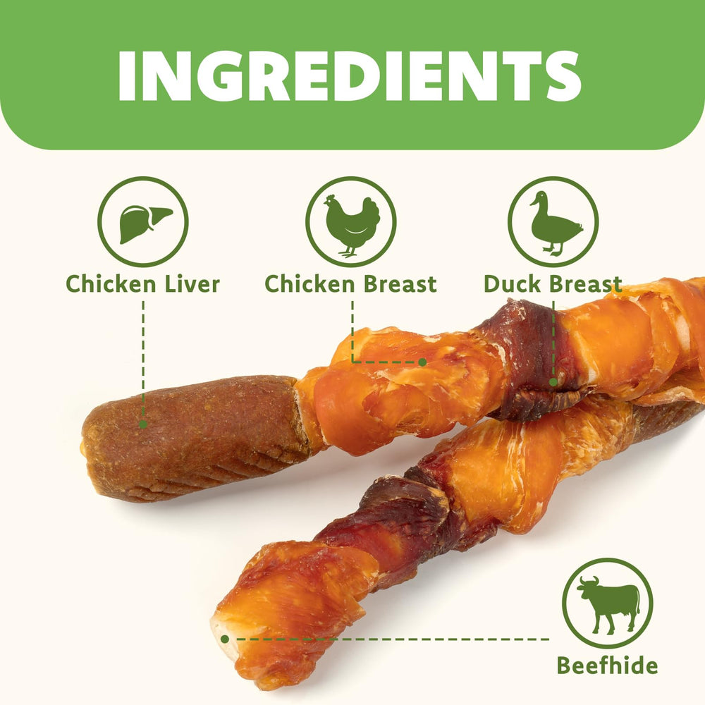 Close-up of MON2SUN rawhide-wrapped stick with three meat flavors