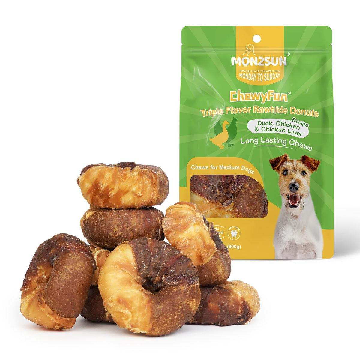 MON2SUN donuts pack with duck, chicken, liver flavor for long-lasting chew.