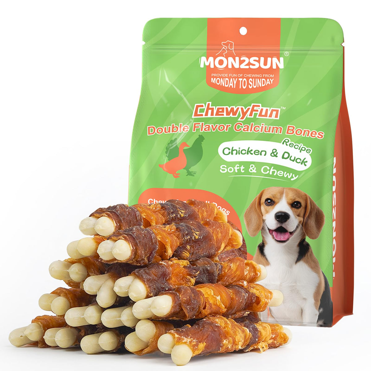 MON2SUN Double Flavor chew for small dogs with chicken and duck wrapped around calcium bone, ideal for chewing.