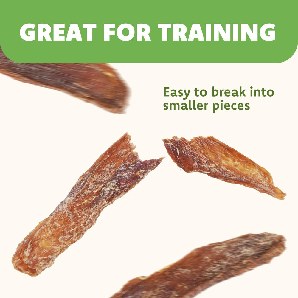 MON2SUN duck breast jerky cross-section shows lean meat texture.