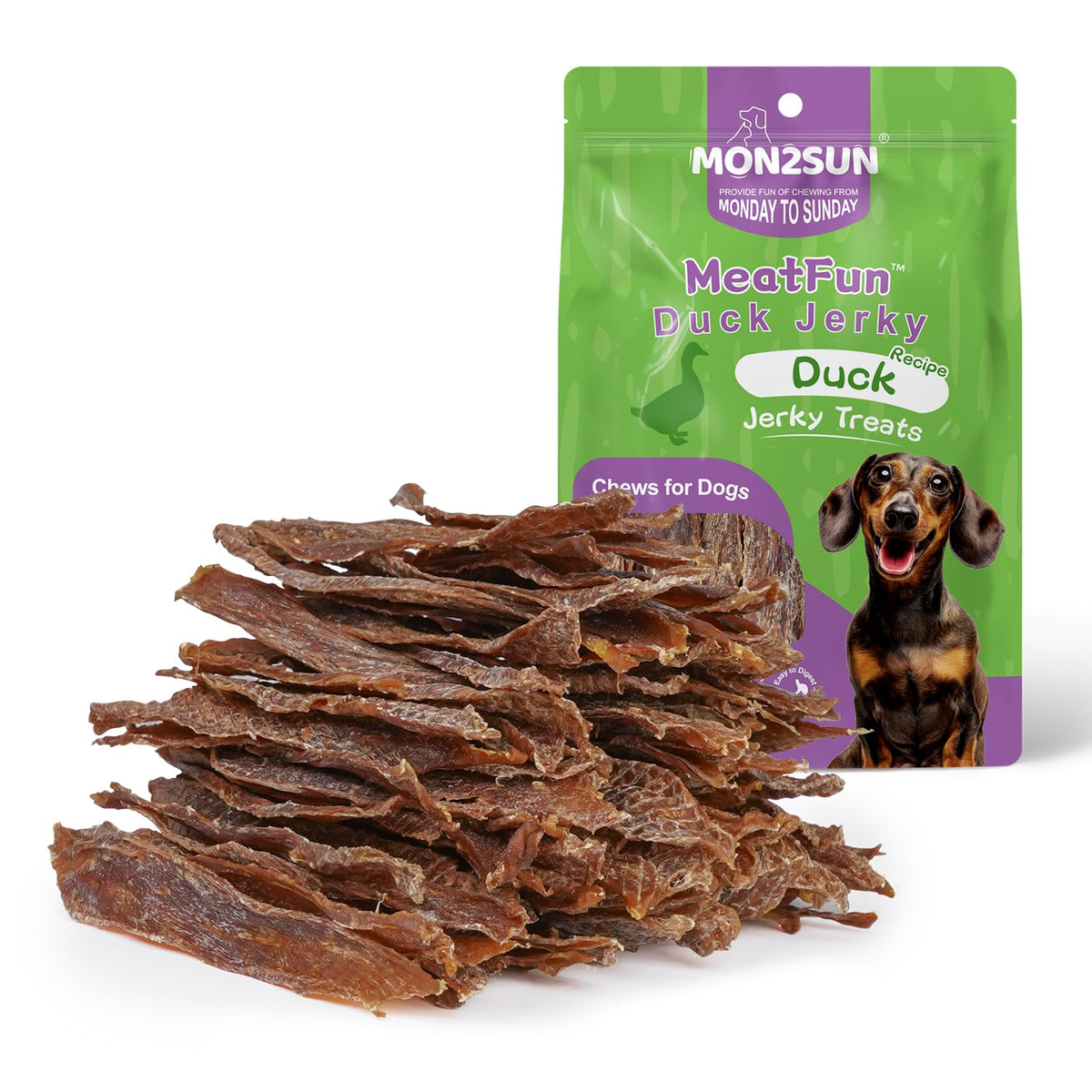 MON2SUN duck jerky pack close-up, ideal for training rewards.