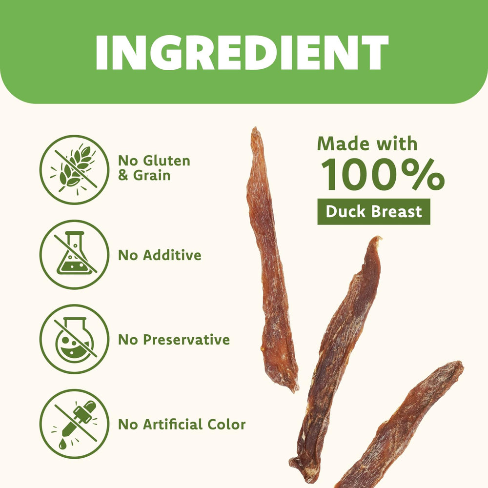 MON2SUN single-ingredient duck jerky slices on board for training.