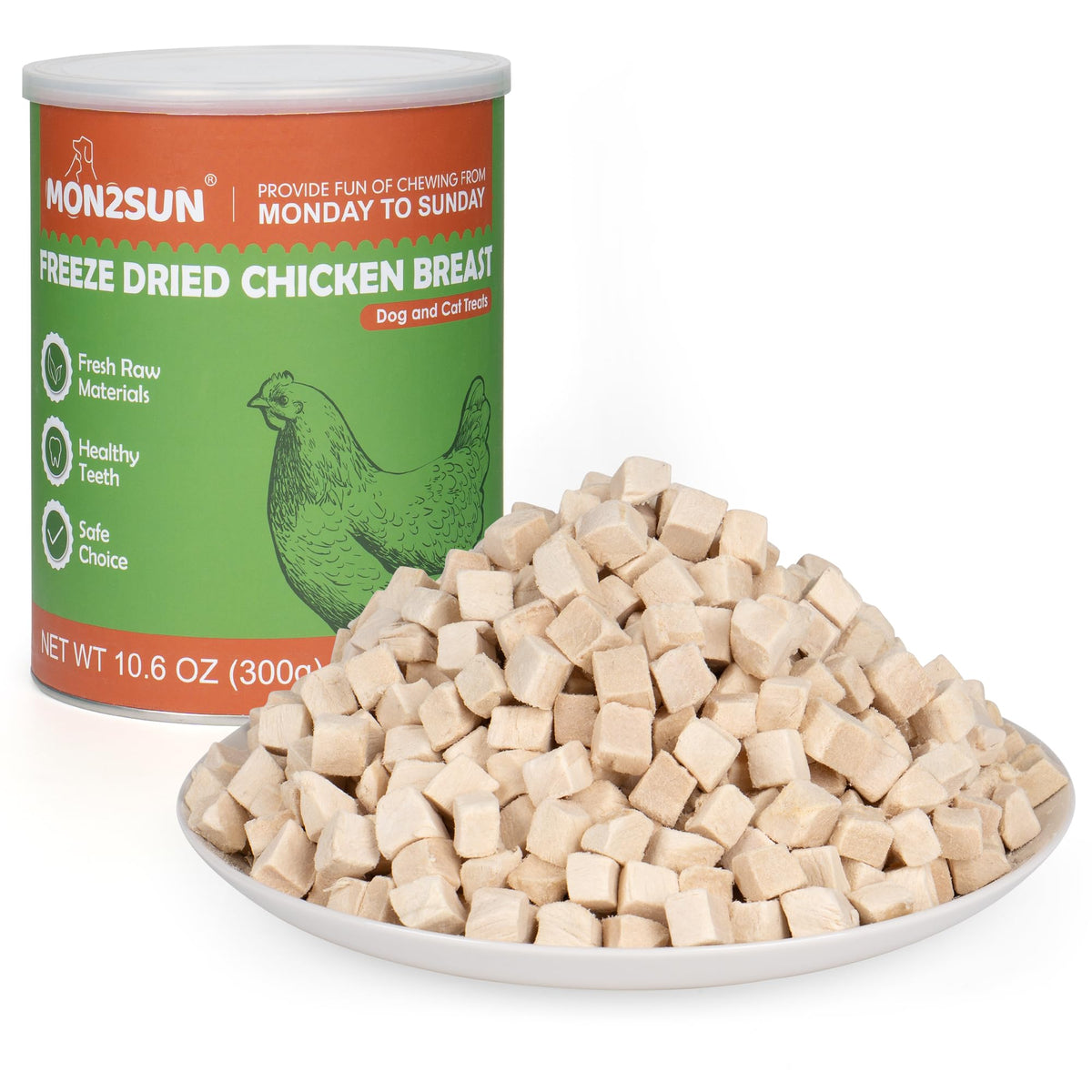 MON2SUN freeze-dried chicken treats in a jar, convenient for quick rewards during training.