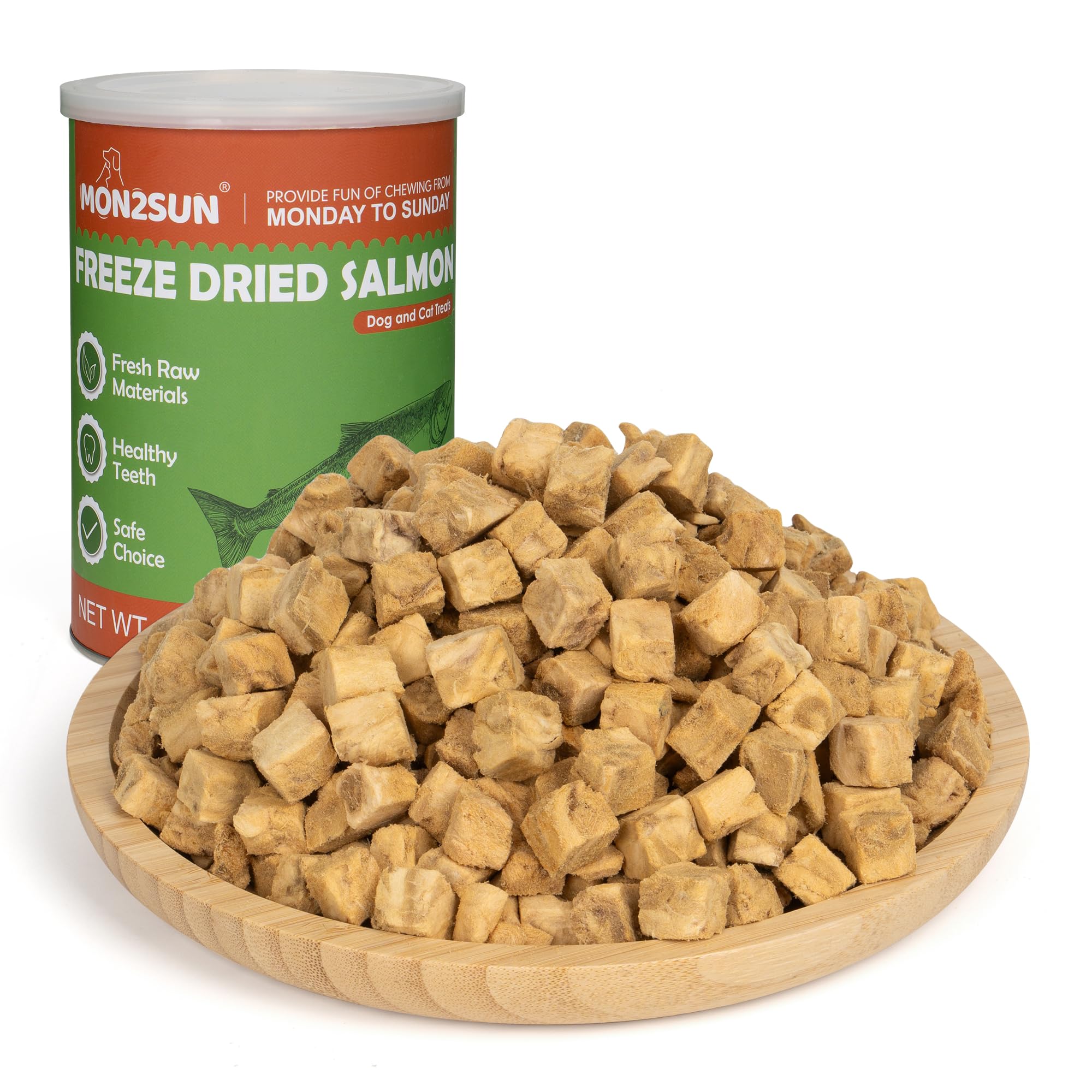 MON2SUN freeze-dried salmon cubes in jar-front, protein-rich treat for dogs and cats