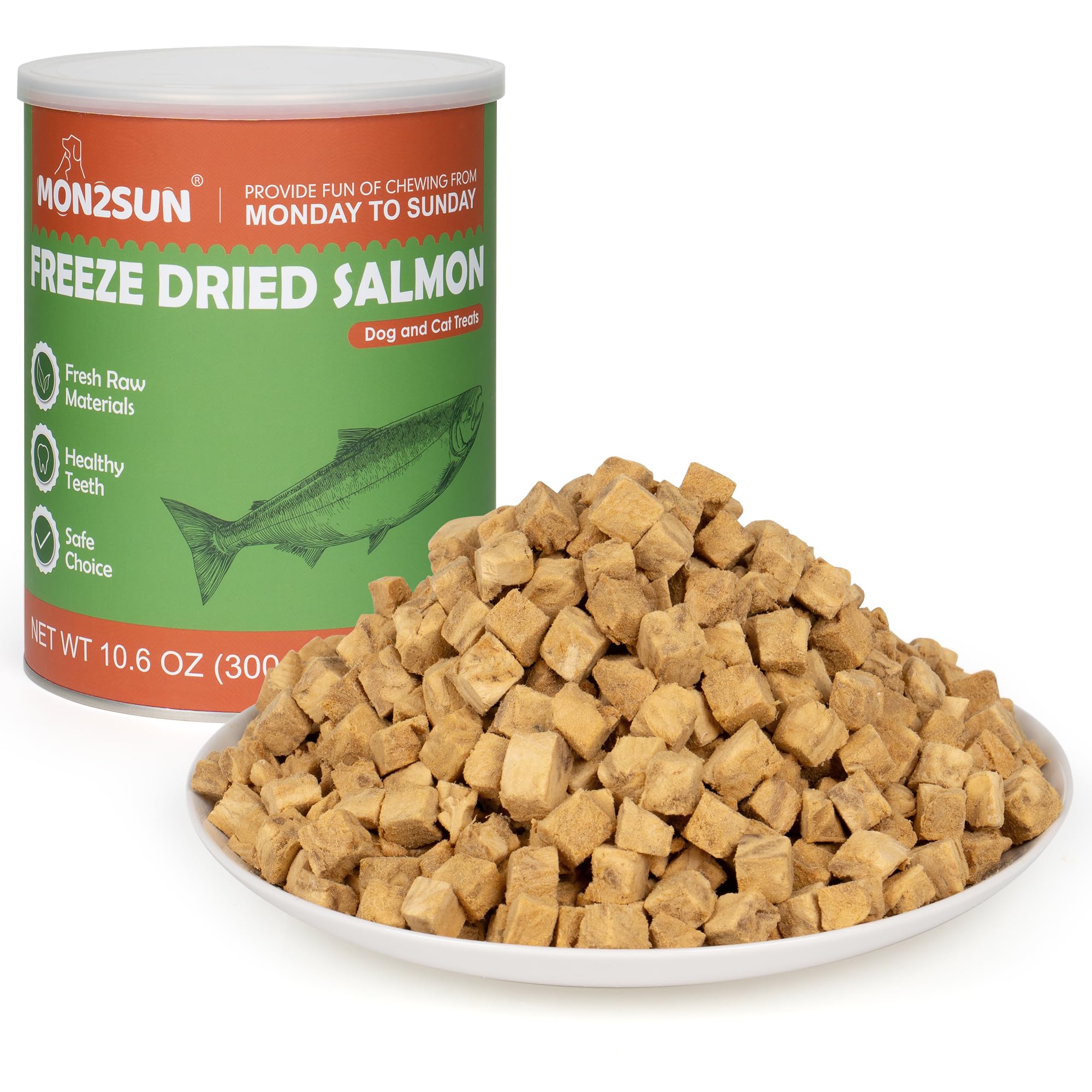 MON2SUN Freeze Dried Salmon Cubes in a jar, a natural protein snack.