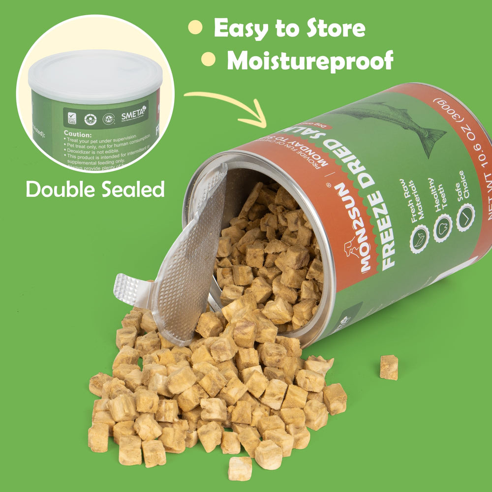 MON2SUN product display shelf, freeze-dried salmon treats in 6oz jar