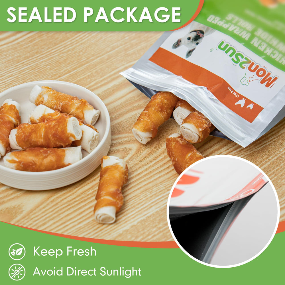 MON2SUN close-up of chicken breast wrapped around rawhide, natural high-protein snack.