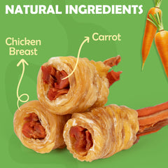 MON2SUN close-up of chicken-wrapped carrot snack for small dogs.