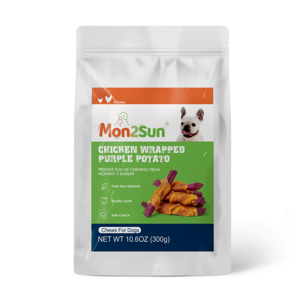 MON2SUN rawhide-free dog treats, chicken protein with purple sweet potato blend.