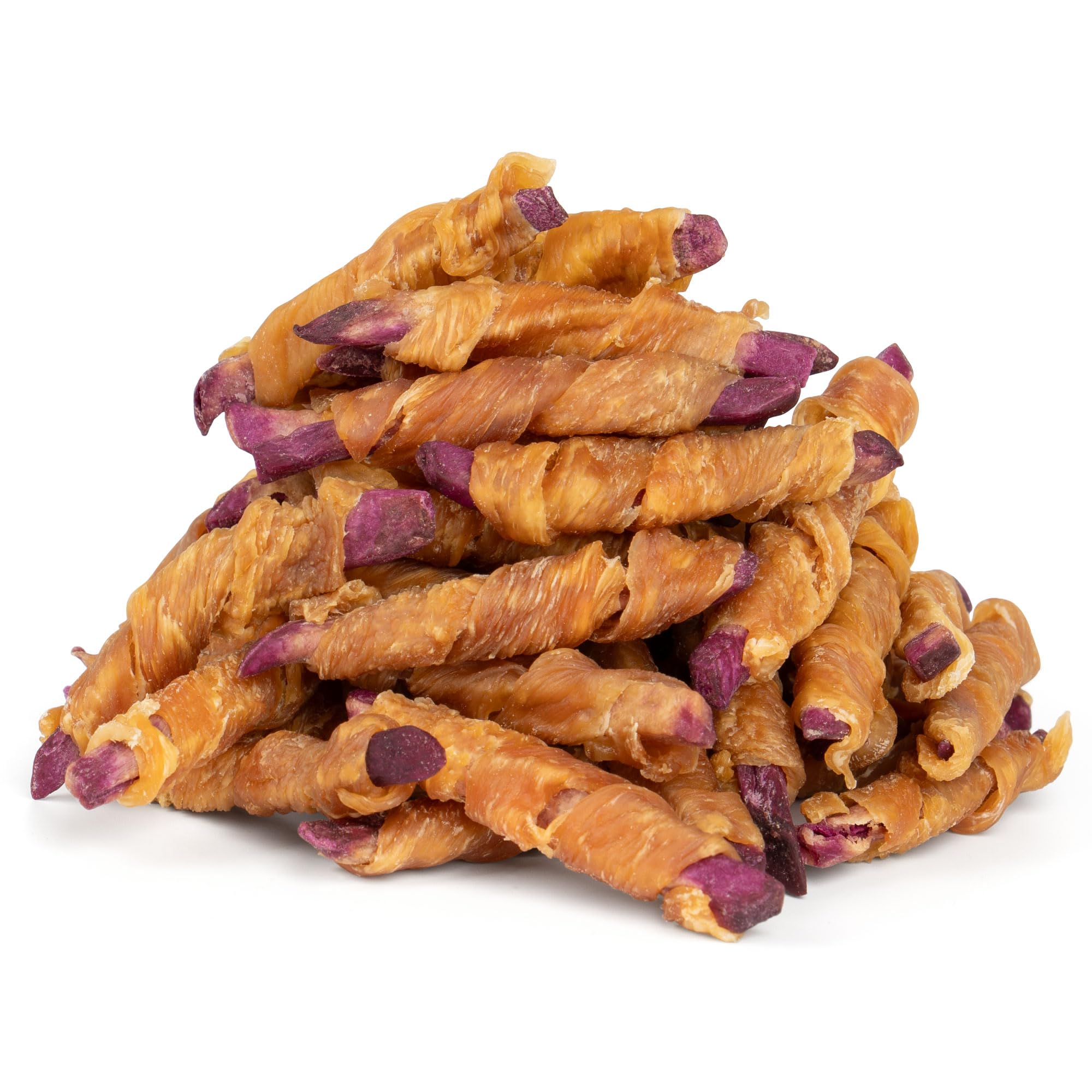 MON2SUN rawhide-free dog treats: chicken-wrapped purple sweet potato, ideal for small dogs.
