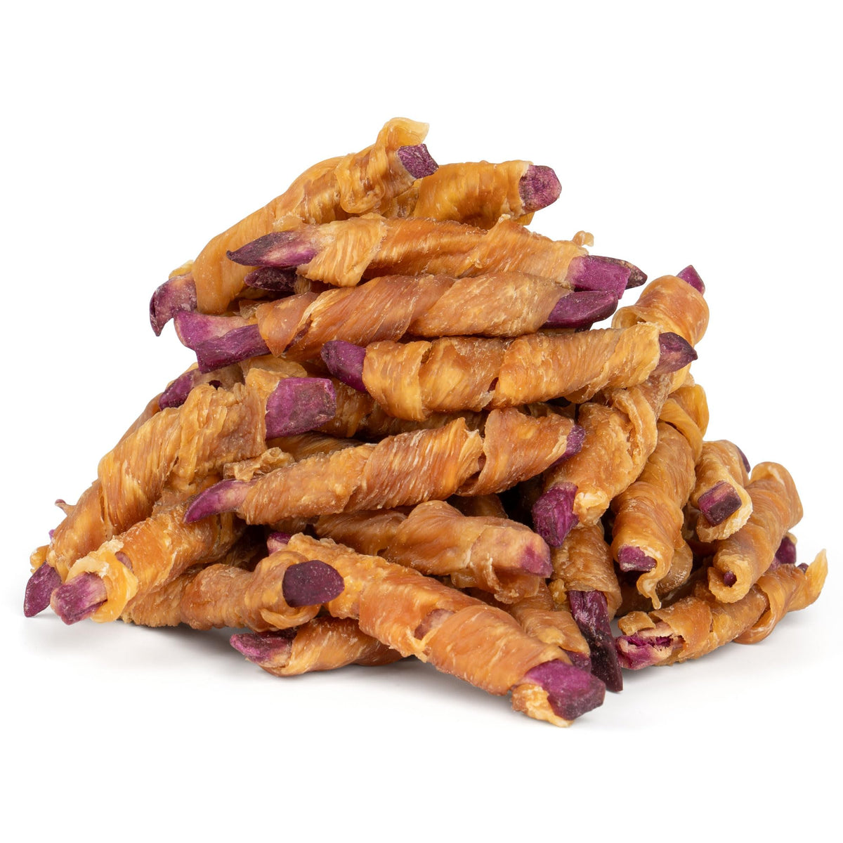MON2SUN rawhide-free dog treats: chicken-wrapped purple sweet potato, ideal for small dogs.
