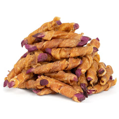 MON2SUN rawhide-free dog treats: chicken-wrapped purple sweet potato, ideal for small dogs.