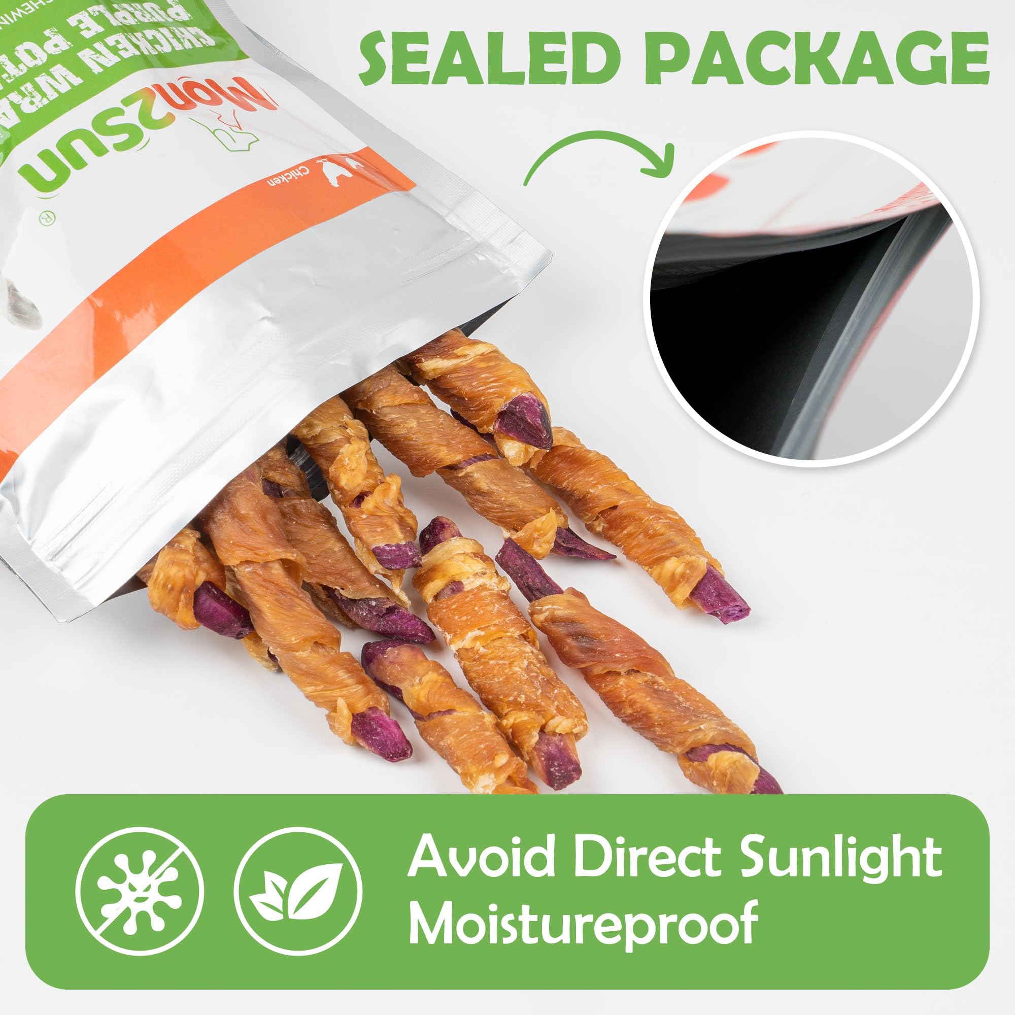 MON2SUN rawhide-free dog treats, resealable pouch to maintain freshness.