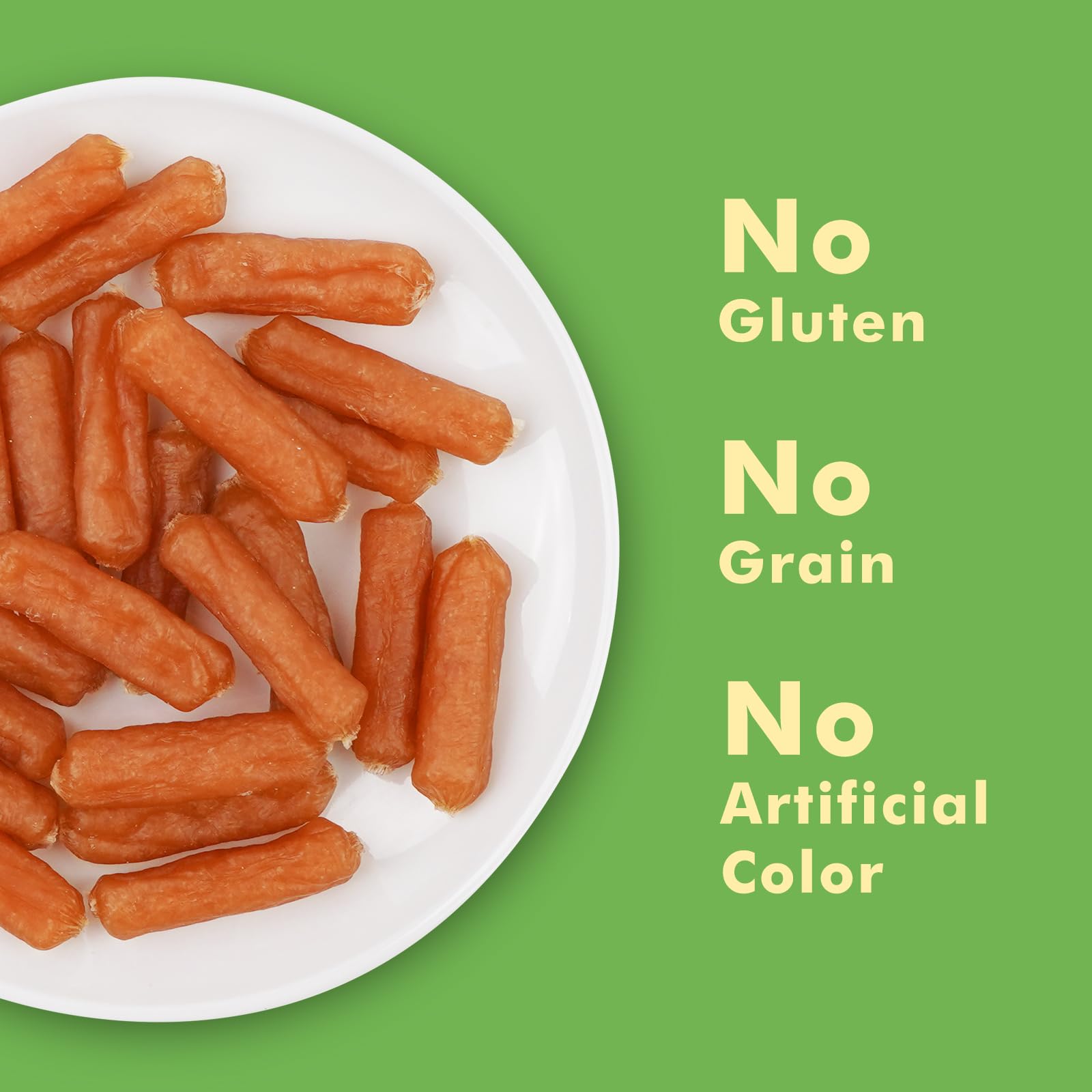 Soft edible shell around chicken enhances a mellow chew.