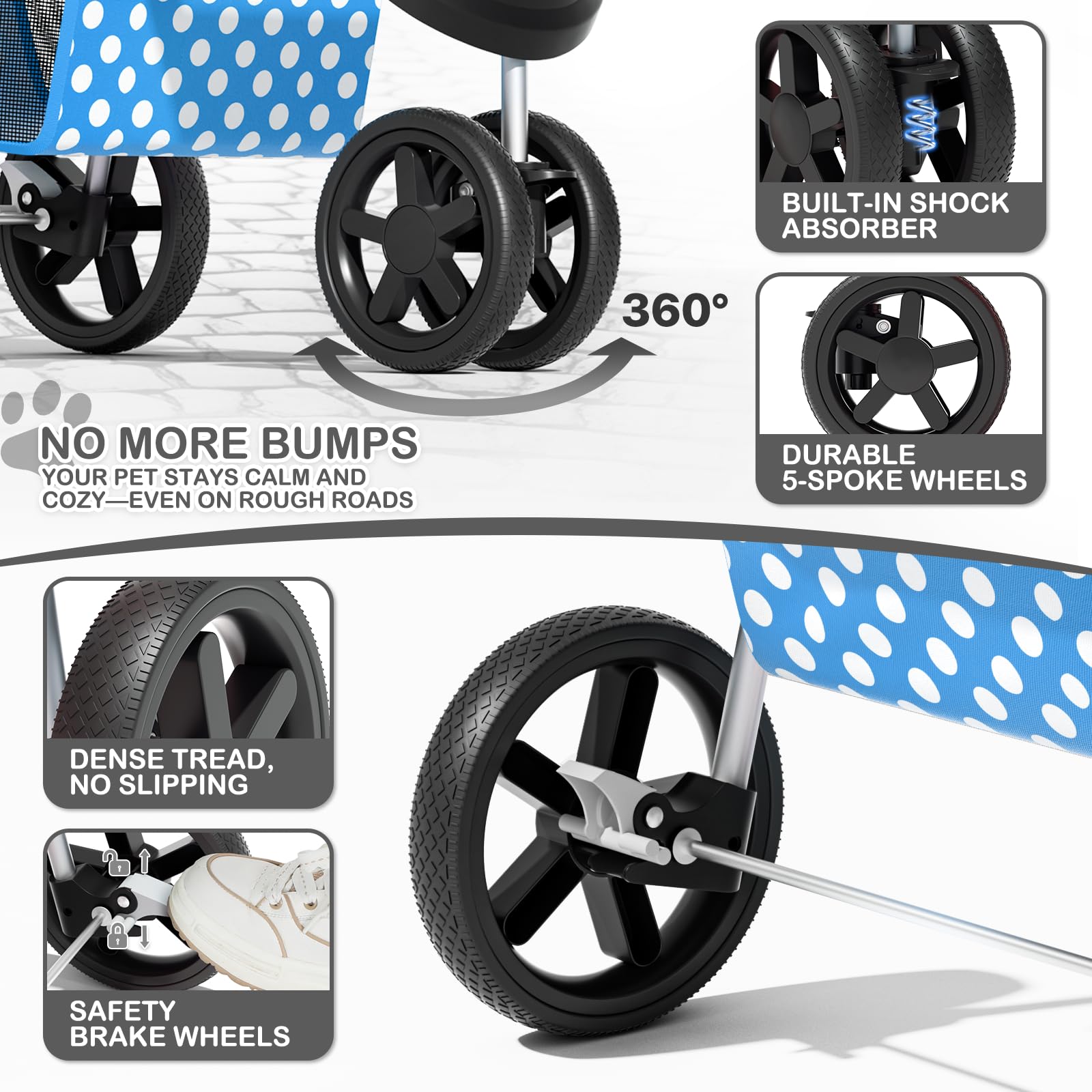 MoNiBloom 360 swivel front wheel delivers a smooth ride.