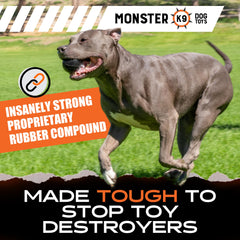 Monster K9 Indestructible Ball being chewed illustrates puncture resistance and edge-free design.