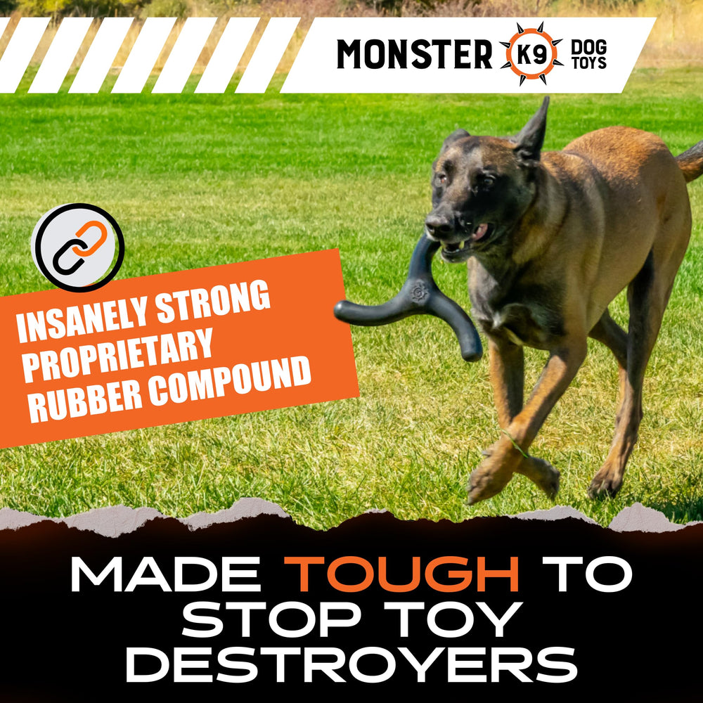 Monster K9 indestructible toy showing natural rubber safety and non-toxic materials.