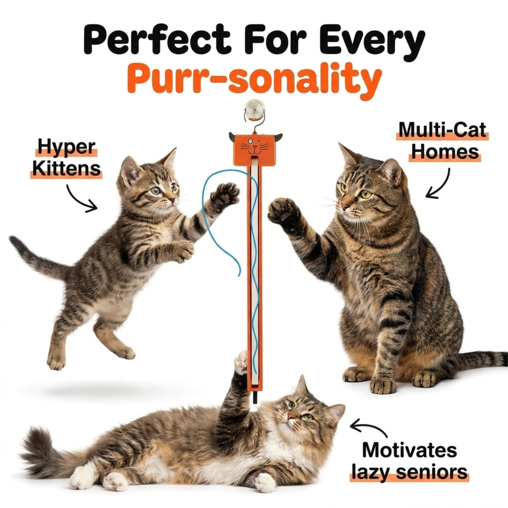 Two-speed Moody Pet Fling-ama-String adapts to a cat's energy level.