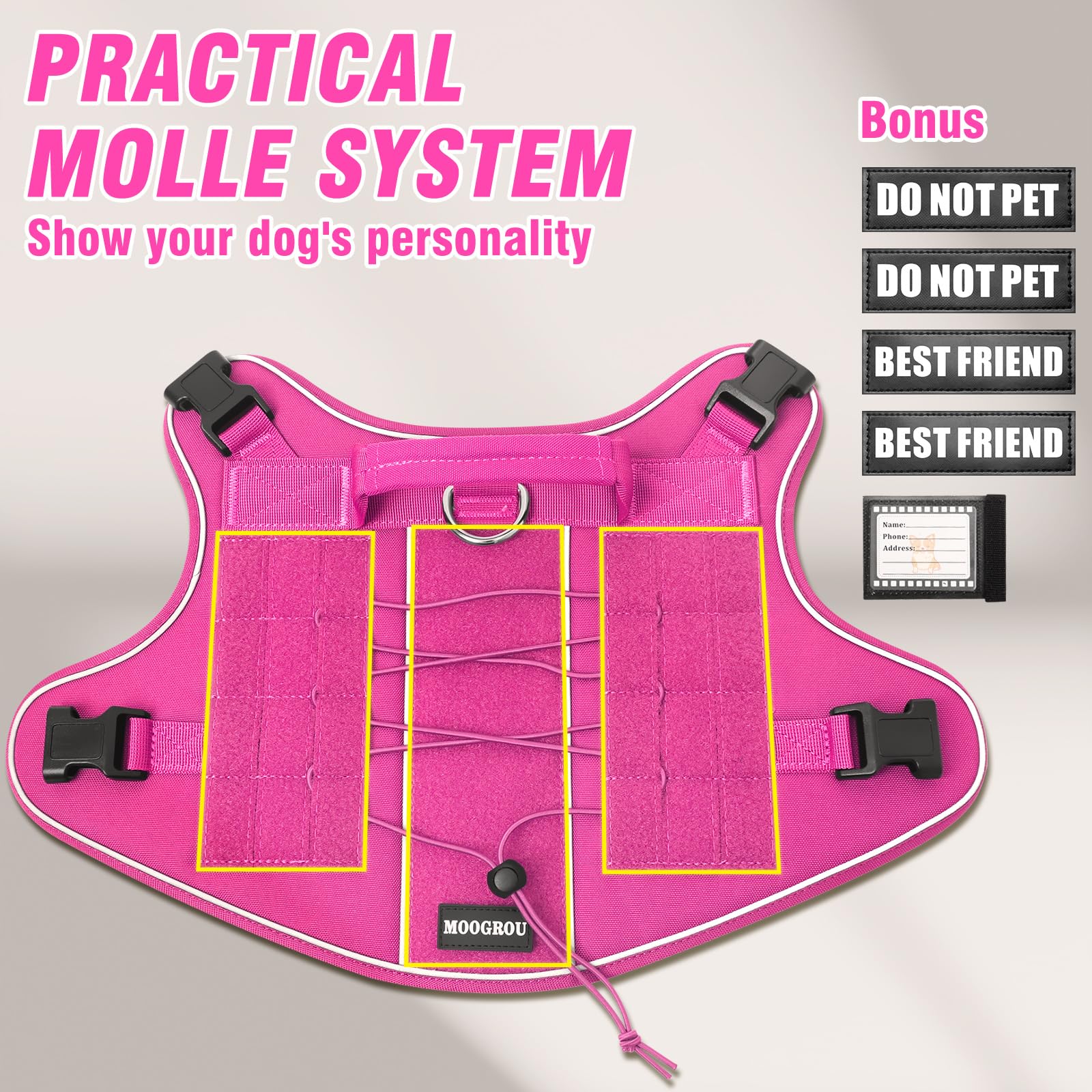 MOOGROU Tactical Dog Harness pink adjustable straps for a precise fit.