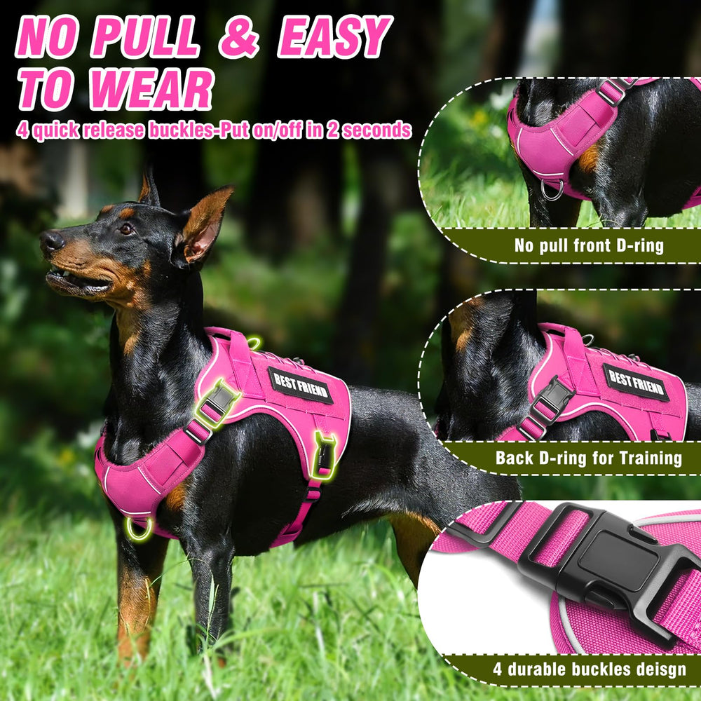 MOOGROU Tactical Dog Harness pink back view highlighting the handle and leash routes.