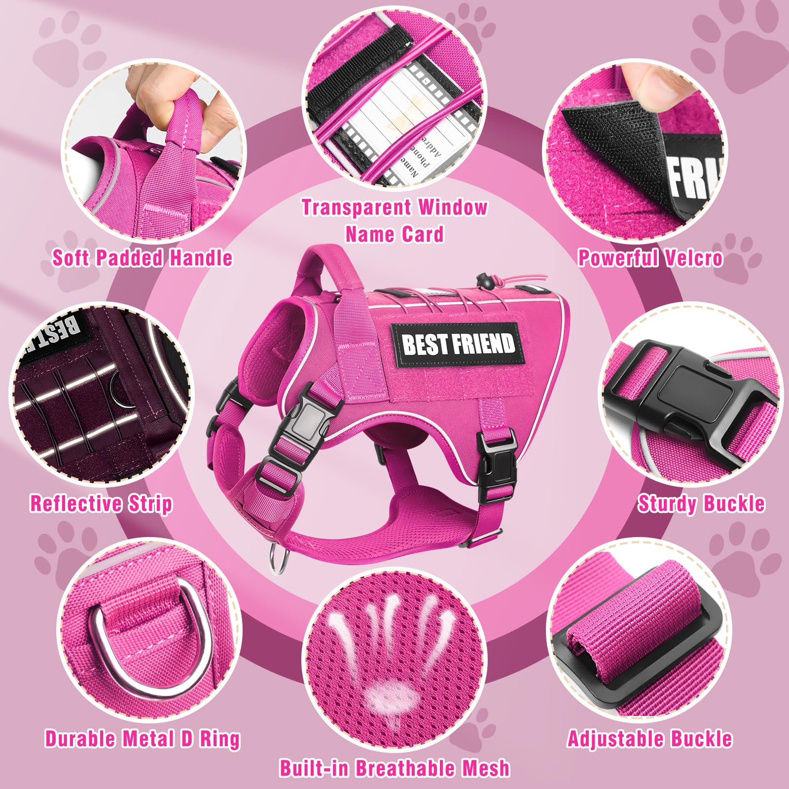 MOOGROU Tactical Dog Harness pink military nylon material designed for daily wear.