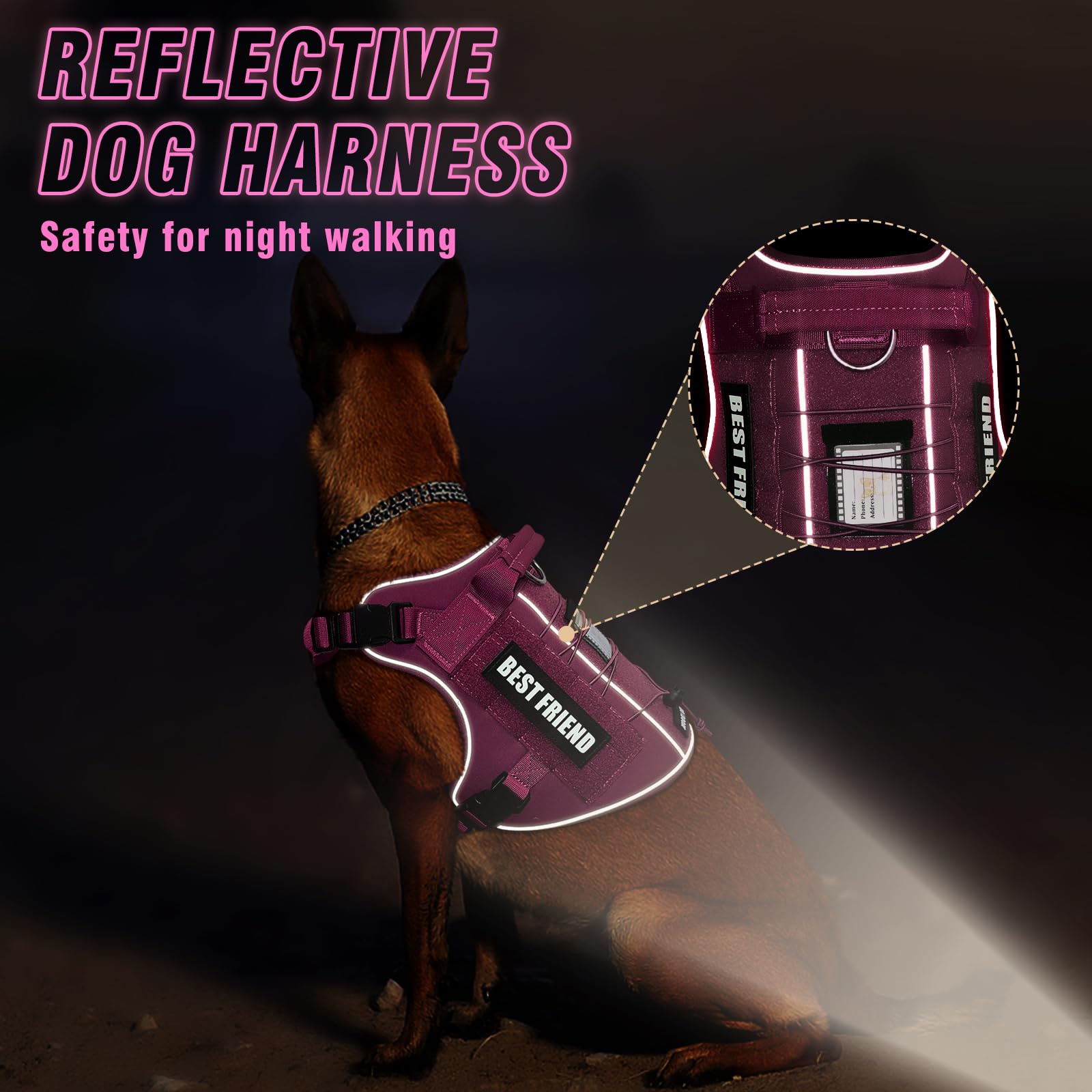 MOOGROU Tactical Dog Harness pink strap detail emphasizes durable stitching.