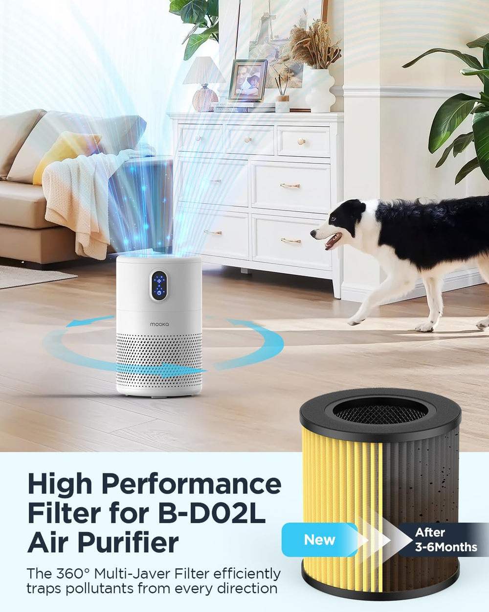 MOOKA activated-carbon filter neutralizes odors for a cleaner room