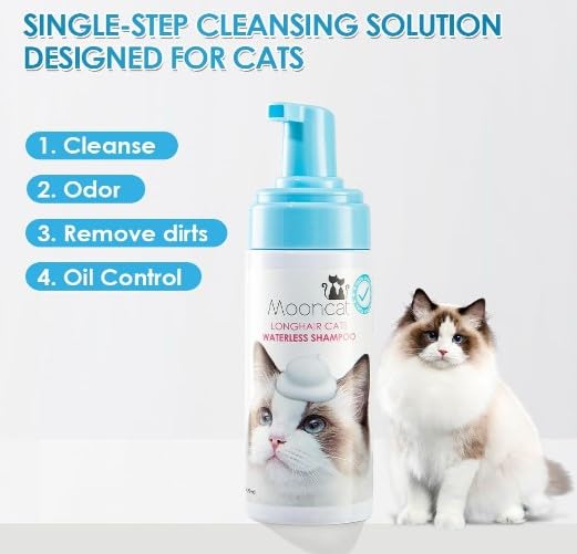 Cat looks content after Mooncat brushing and foam cleanse.
