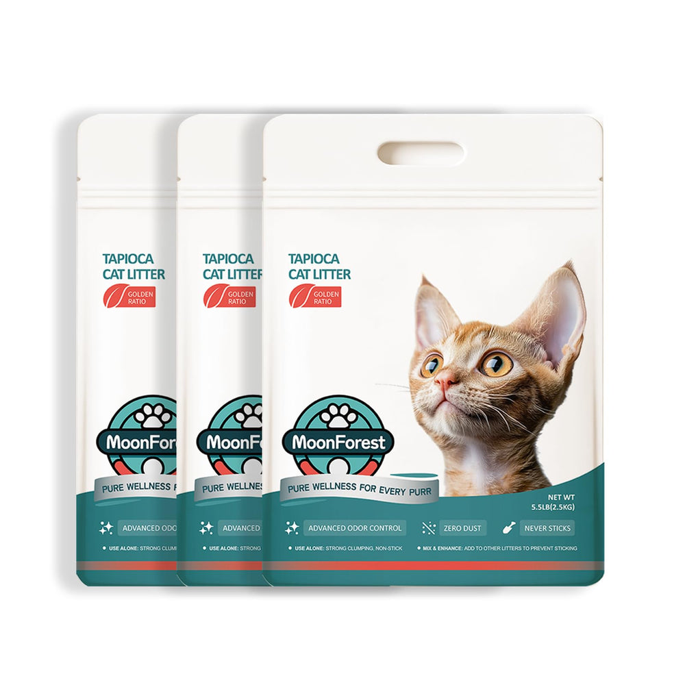 MoonForest Tapioca Cat Litter packaging showing cassava-based formula for low-dust use